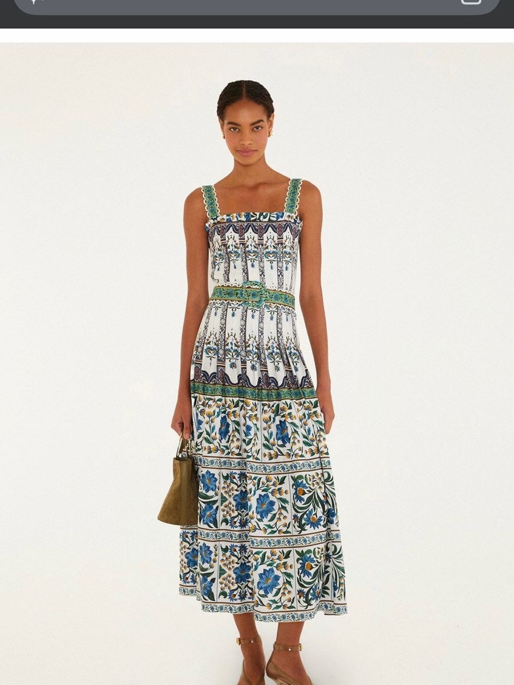 FARM Rio White Maxi Dress with Blue and Green Tile Floral Print